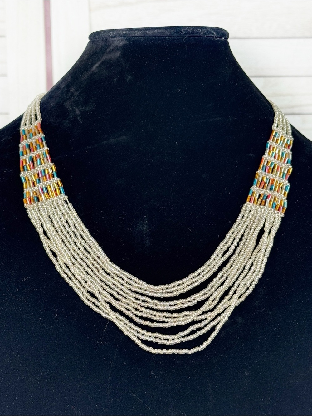 Sunset Multicolor‎ Silver Multi Strand Beaded Potay Waterfall Statement Necklace